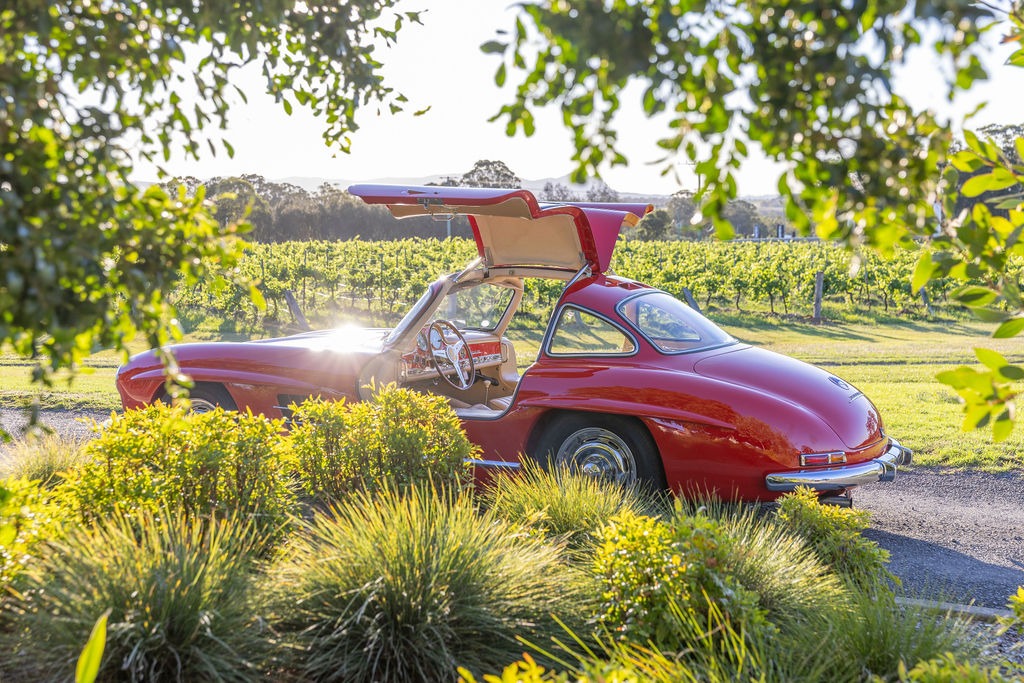 AdinaAccomandCars.Nov2025.CreditMegannEvansPhotography-272 The legendary Mercedes-Benz 300SL Gullwing visiting Adina Vineyard.